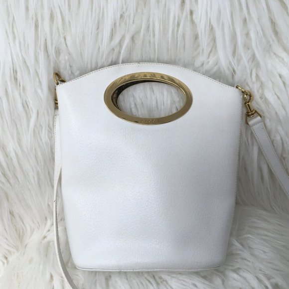 Gucci Metal Handle Embossed Leather Handbag Bucket White Vtg DISTRESSED Inside - Picture 3 of 13